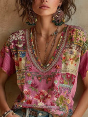 Women's Bohemian Floral Embroidery Art V-neck Contrast Color Linen Blend T-shirt