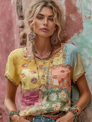 Women's Bohemian Floral Embroidery Art Contrast Color Linen Blend T-shirt