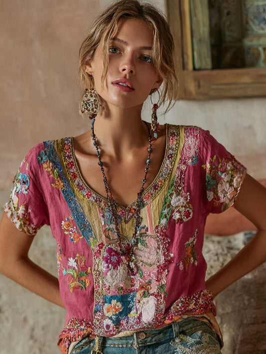 Women's Bohemian Floral Embroidery Art V-neck Contrast Color Linen Blend T-shirt