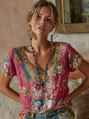 Women's Bohemian Floral Embroidery Art V-neck Contrast Color Linen Blend T-shirt