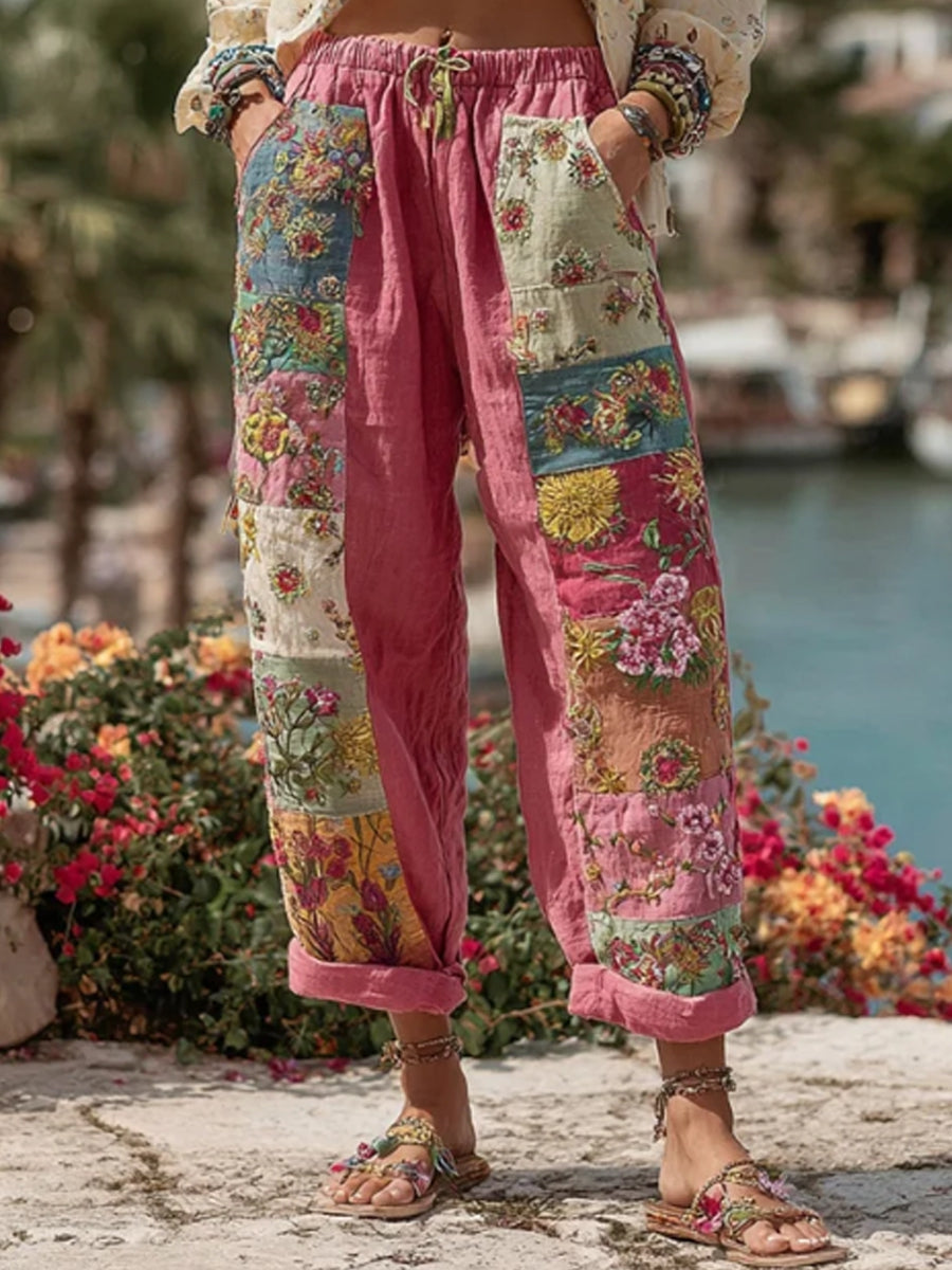 Women's Bohemian Floral Embroidery Art Contrast Color Linen Blend Casual Pants