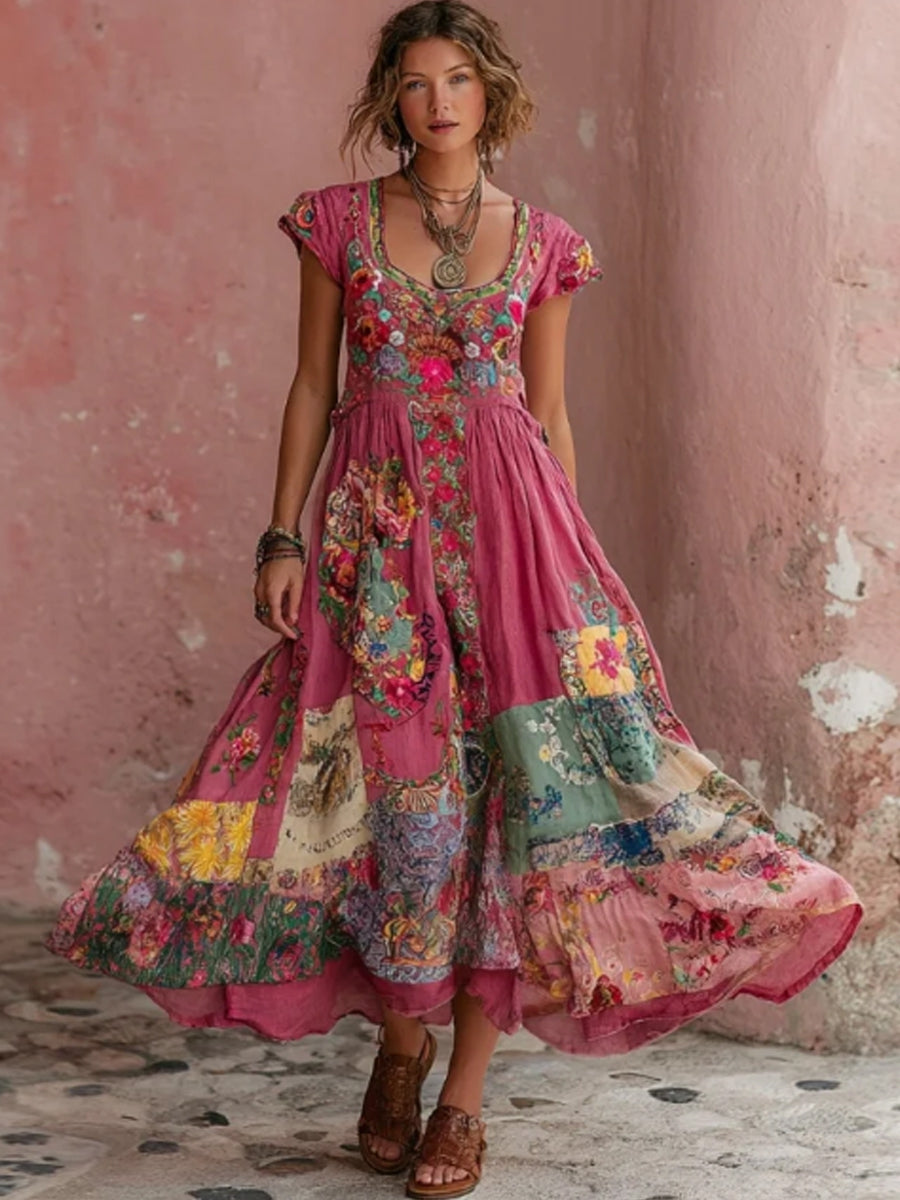 Women's Bohemian Floral Embroidery Art Round Neck Short Sleeve Midi Dress