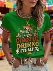 Women's Funny Cinco De Drinko Bitchachos Skull Print Tee