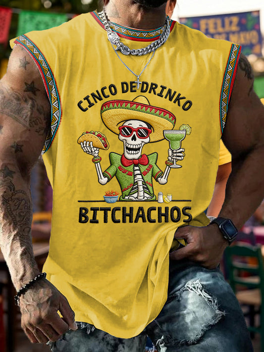 Men's Funny Cinco De Drinko Bitchachos Skull Print  Tank Top