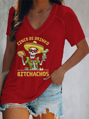 Women's Funny Cinco De Drinko Bitchachos Skull Print V-Neck Tee