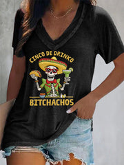 Women's Funny Cinco De Drinko Bitchachos Skull Print V-Neck Tee