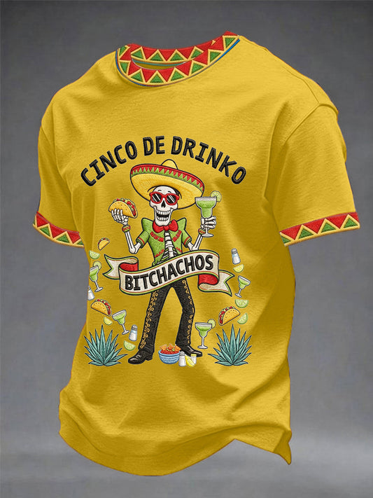 Men's Funny Cinco De Drinko Bitchachos Skull Print Tee