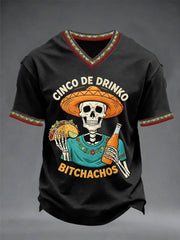 Men's Funny Cinco De Drinko Bitchachos Skeleton Print Casual V-Neck Tee