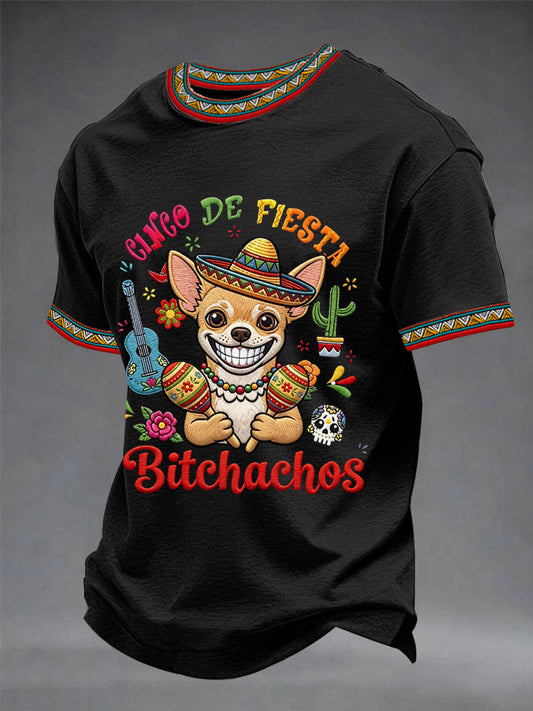 Men's Funny Cinco De Fiesta Bitchachos Dog Print Casual Tee