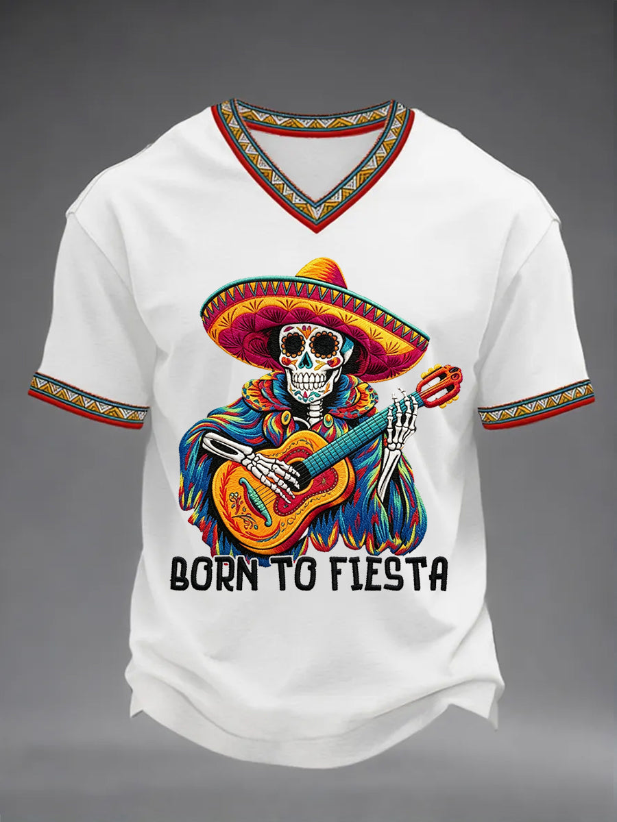 Men's Born To Fiesta Skeleton Print Casual V-Neack Tee