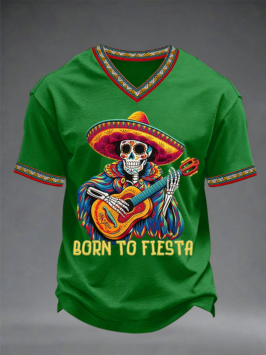 Men's Born To Fiesta Skeleton Print Casual V-Neack Tee