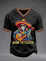 Men's Born To Fiesta Skeleton Print Casual V-Neack Tee