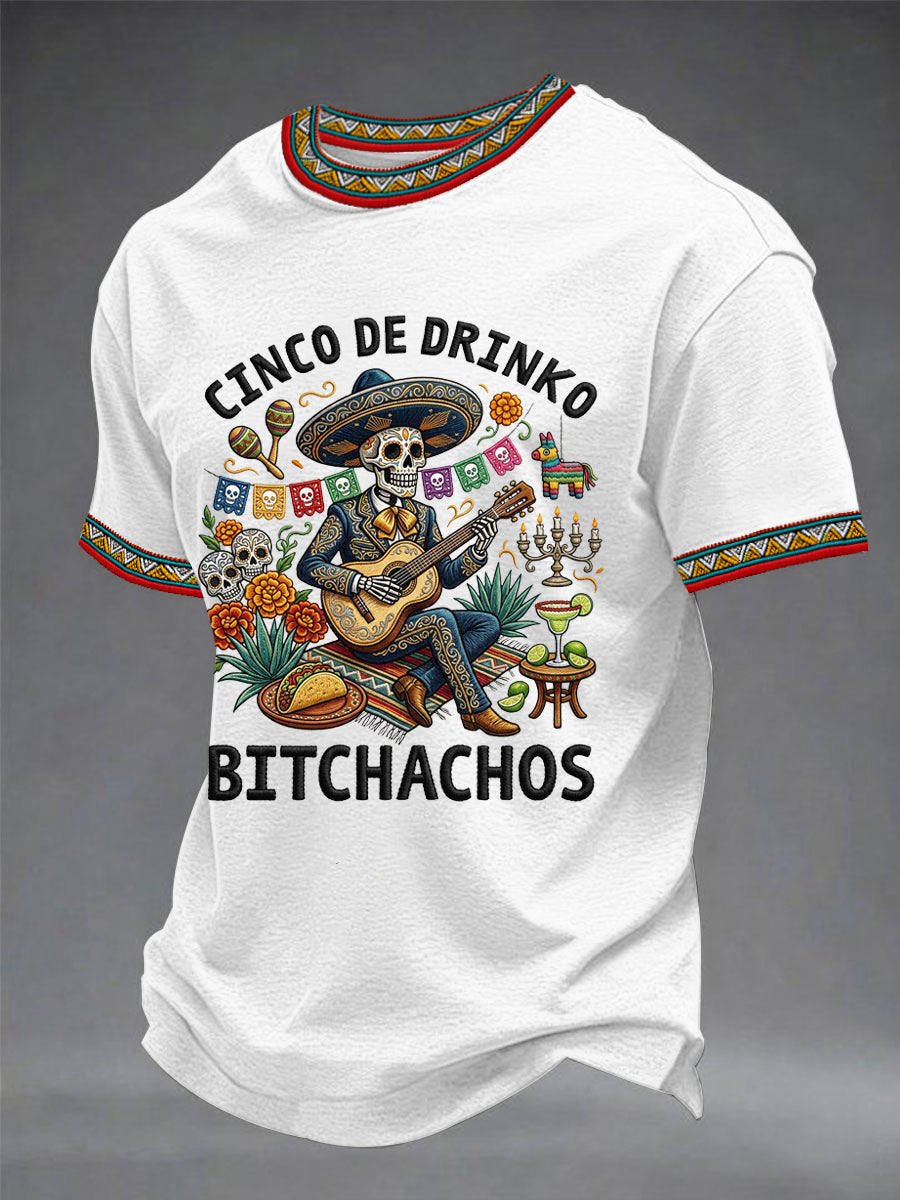 Men's Funny Cinco De Drinko Bitchachos Skeleton Print Casual Tee