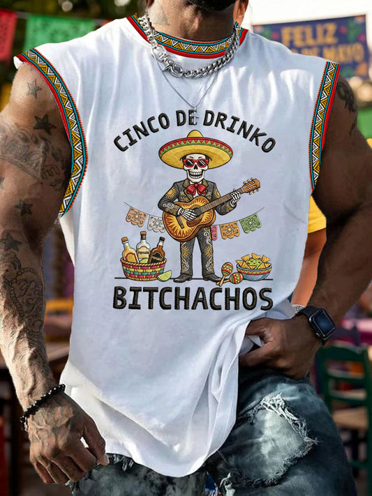 Men's Funny Cinco De Drinko Bitchachos Skeleton Print Casual Tank Top
