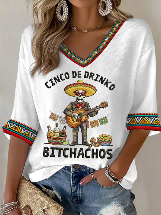 Women's Funny Cinco De Drinko Bitchachos Skeleton Print Casual Waffle Top