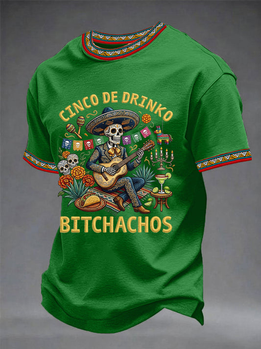 Men's Funny Cinco De Drinko Bitchachos Skeleton Print Casual Tee