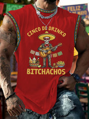 Men's Funny Cinco De Drinko Bitchachos Skeleton Print Casual Tank Top