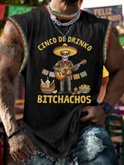 Men's Funny Cinco De Drinko Bitchachos Skeleton Print Casual Tank Top