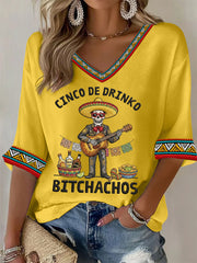 Women's Funny Cinco De Drinko Bitchachos Skeleton Print Casual Waffle Top