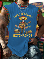 Men's Funny Cinco De Drinko Bitchachos Skeleton Print Casual Tank Top