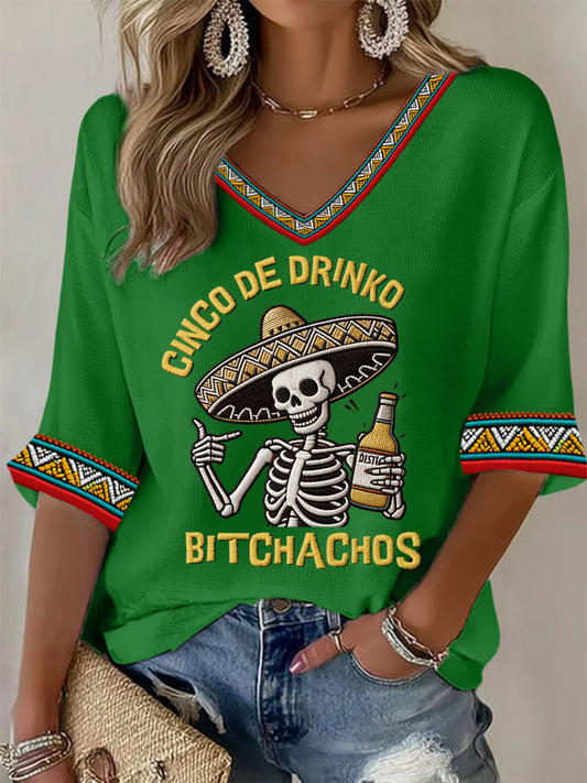 Women's Funny Cinco De Drinko Bitchachos Skeleton Print Casual Waffle Top