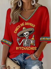 Women's Funny Cinco De Drinko Bitchachos Skeleton Print Casual Waffle Top