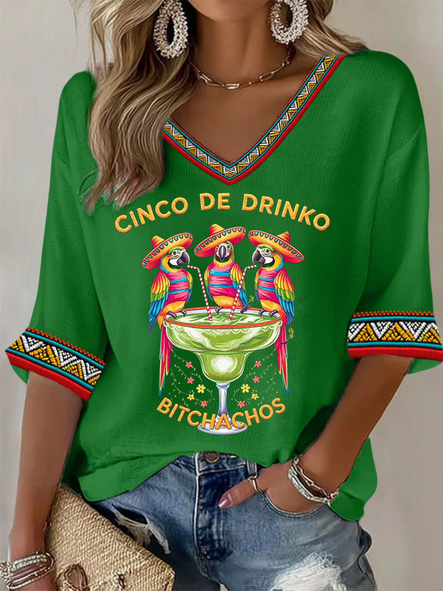 Women's Funny Cinco De Drinko Bitchachos Parrots Print Casual Waffle Top
