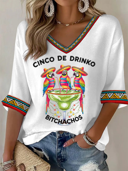 Women's Funny Cinco De Drinko Bitchachos Parrots Print Casual Waffle Top