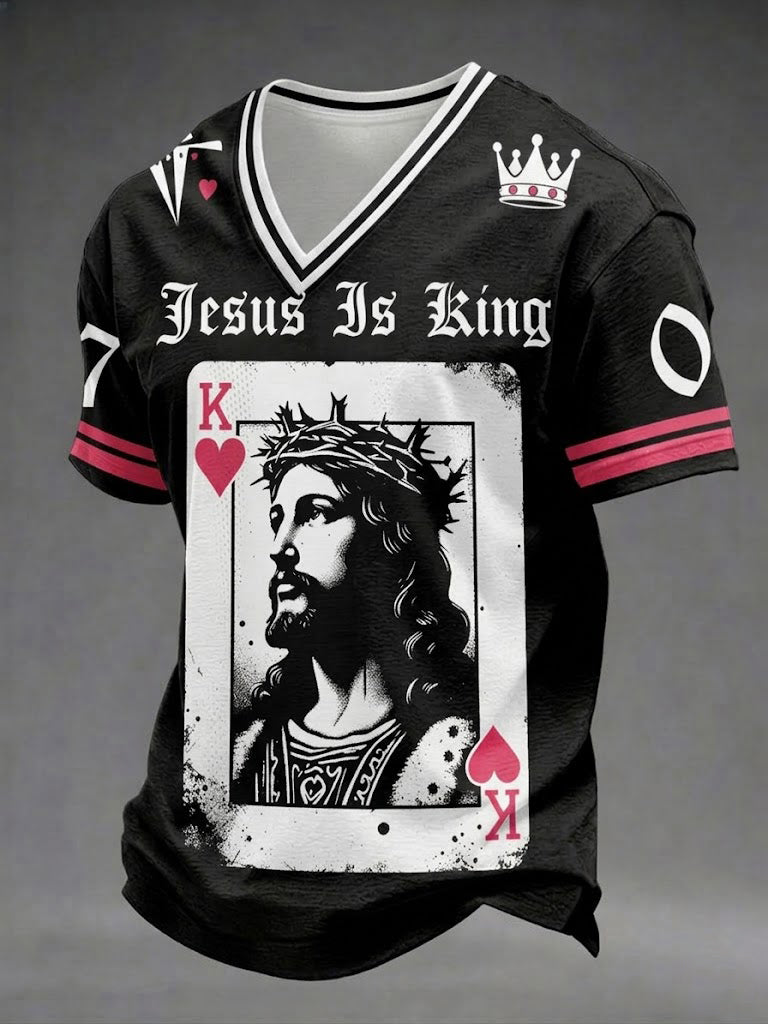 Men's Jesus Is King Christian Printed V-neck T-shirt