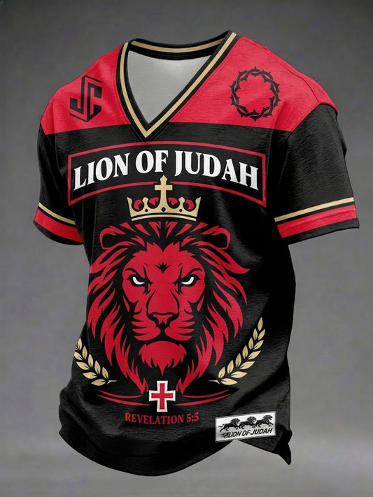 Men's Lion Of Judah Christian Printed V-neck T-shirt