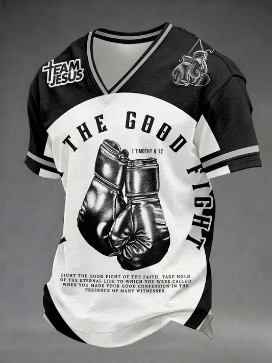 Men's Fight The Good Fight Christian Printed V-neck T-shirt