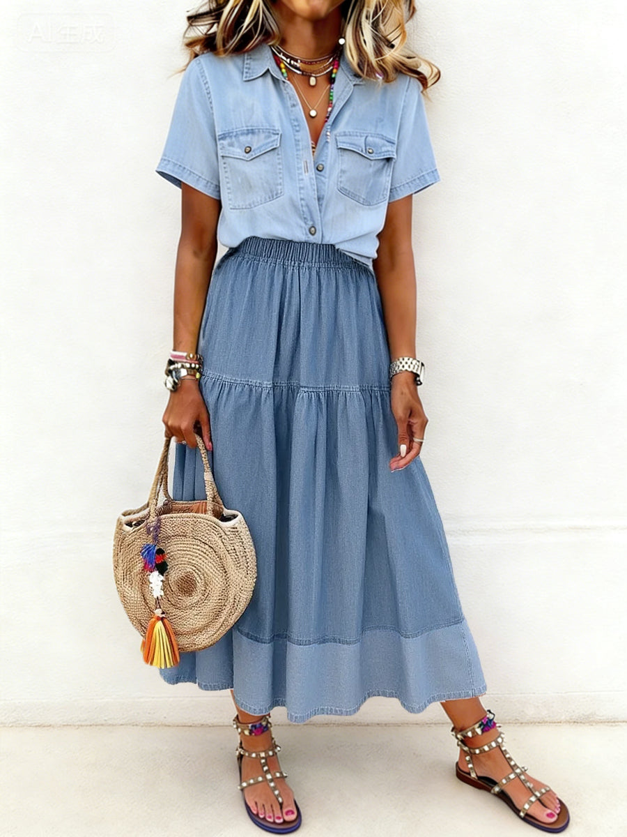 Women's Paneled Elastic Waist Denim Skirt