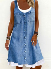 Women's Denim-Look Print Faux Two-Piece Dress