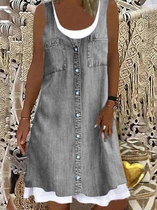 Women's Denim-Look Print Faux Two-Piece Dress