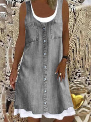 Women's Denim-Look Print Faux Two-Piece Dress