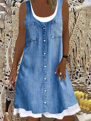 Women's Denim-Look Print Faux Two-Piece Dress