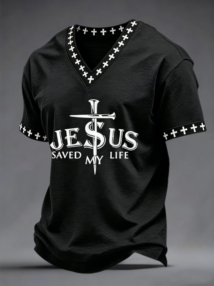 Men's Jesus Saved My Life Print V-neck Tee