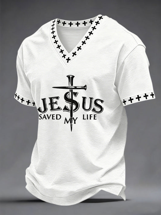Men's Jesus Saved My Life Print V-neck Tee