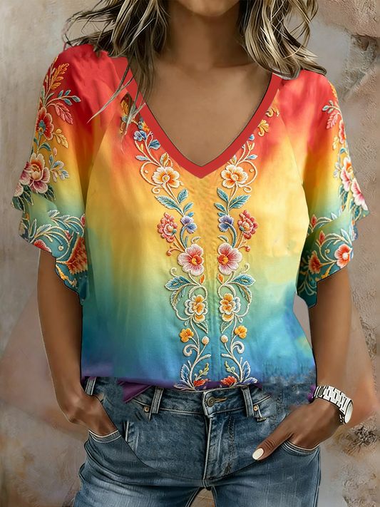 Women's Rainbow Floral Print Short Sleeve T-Shirt