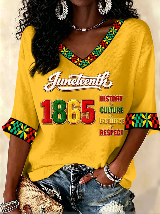 Women's Juneteenth Print Casual V-Neck Waffle Top