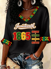 Women's Juneteenth Print Casual V-Neck Waffle Top