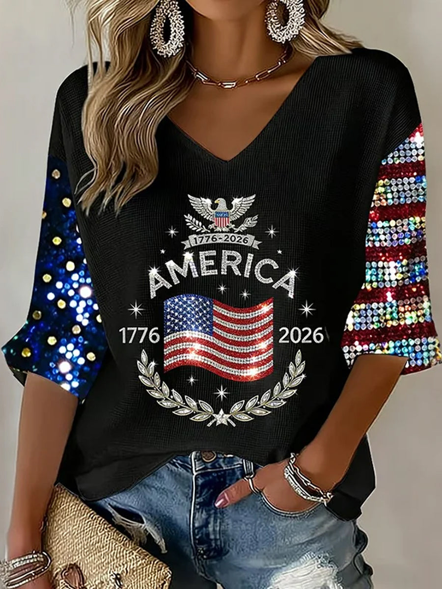 Women's Independence Day Flag Art Print Waffle T-shirt