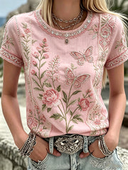 Women's Breast Cancer Pink Flowers Print Casual T-Shirt