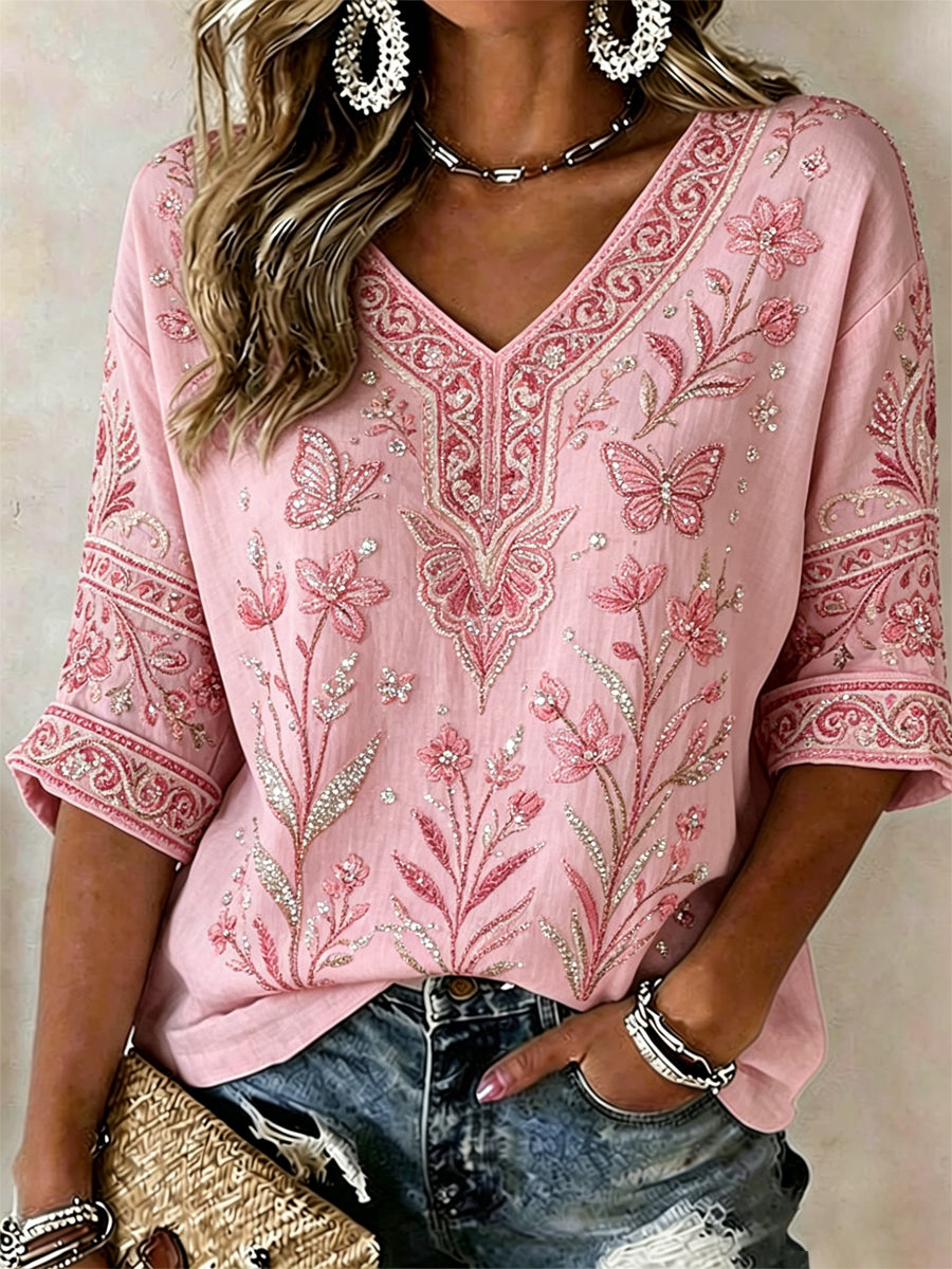 Women's Breast Cancer Pink Flowers Print Casual T-shirt