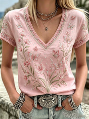 Women's Breast Cancer Pink Flowers Print V-Neck Casual T-Shirt