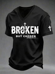 Men's Christian Cross Broken But Chosen Print V-Neck Tee
