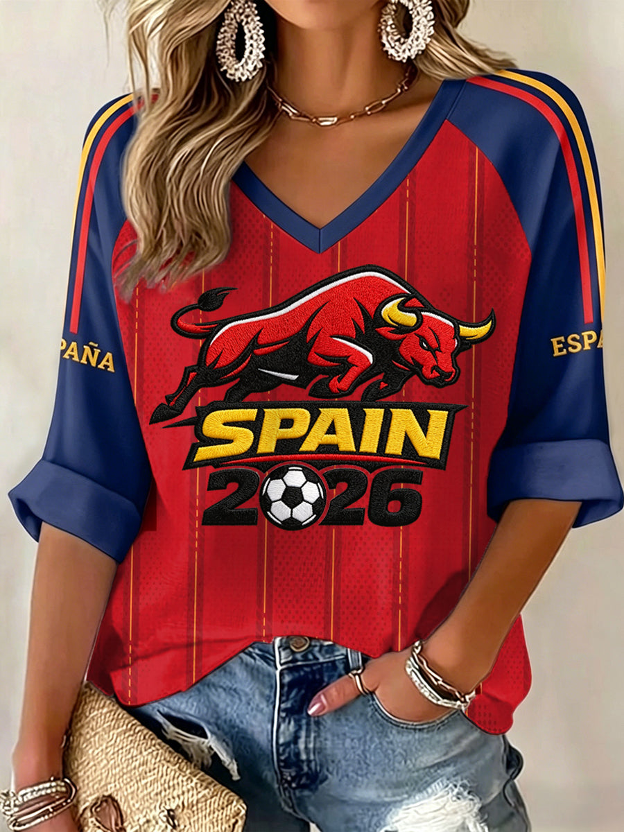 Women's Gift For Spain Soccer Fans Print Casual V-Neck Long-Sleeve T-Shirt