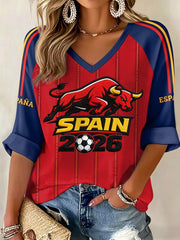 Women's Gift For Spain Soccer Fans Print Casual V-Neck Long-Sleeve T-Shirt