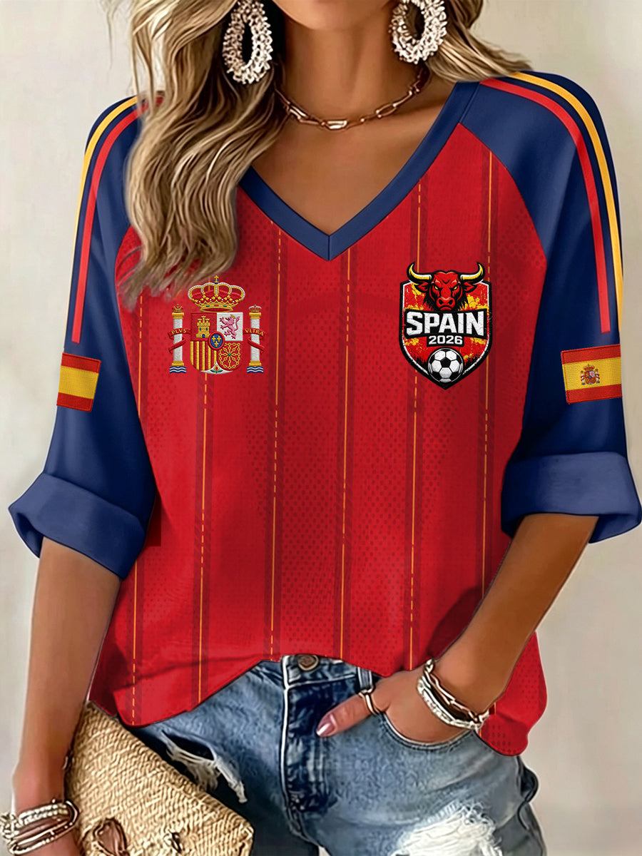 Women's Gift For Spain Soccer Fans Print Casual V-Neck Long-Sleeve T-Shirt