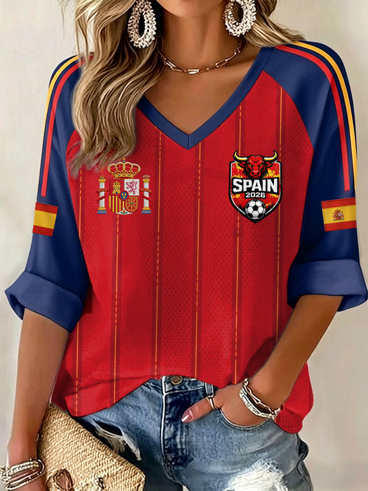 Women's Gift For Spain Soccer Fans Print Casual V-Neck Long-Sleeve T-Shirt